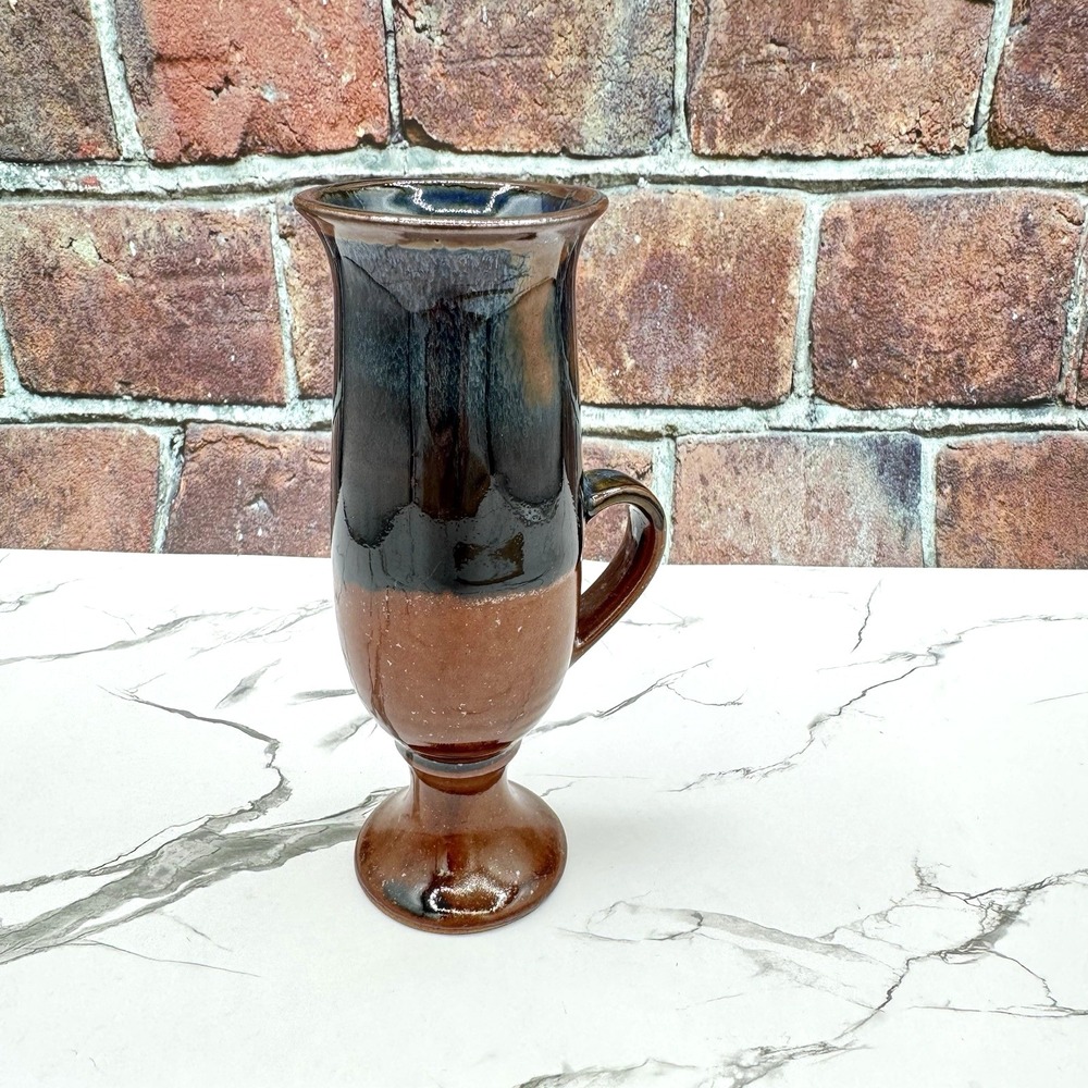 Vintage‎ Otagari Style Pedestal Mug Brown Blue Drip Glaze Artisan Hand Thrown